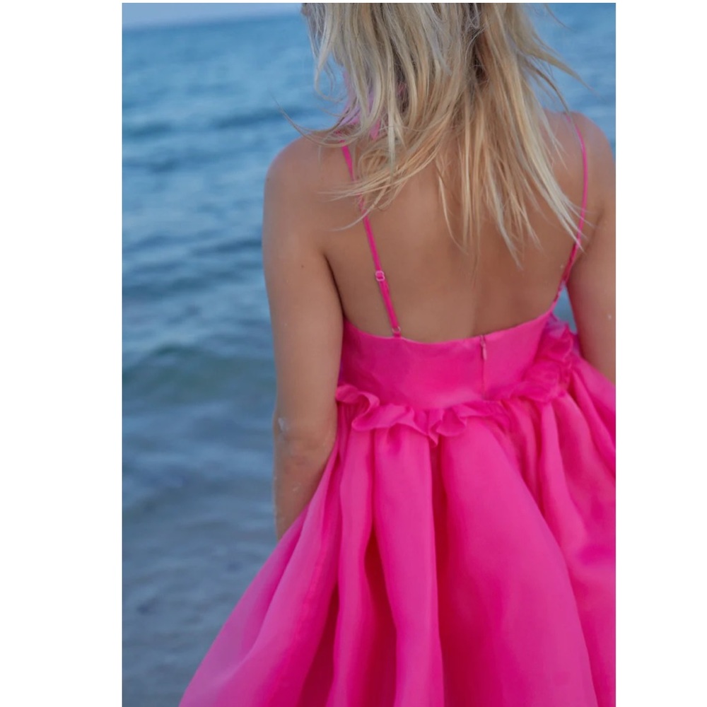 Free People SELKIE The Cali Rosebud Puff Ruffles babydoll Mini Dress Neon Pink S - Picture 2 of 7